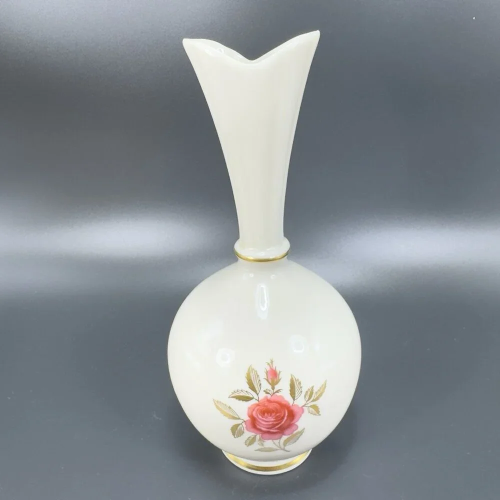 Vintage Lenox Ivory Porcelain Vase Tall Red Rose‎ Pattern Made In USA Decor VTG